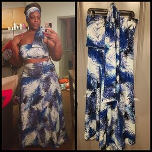 Tropical Blue and White Leaf Print Women's Skirt Set